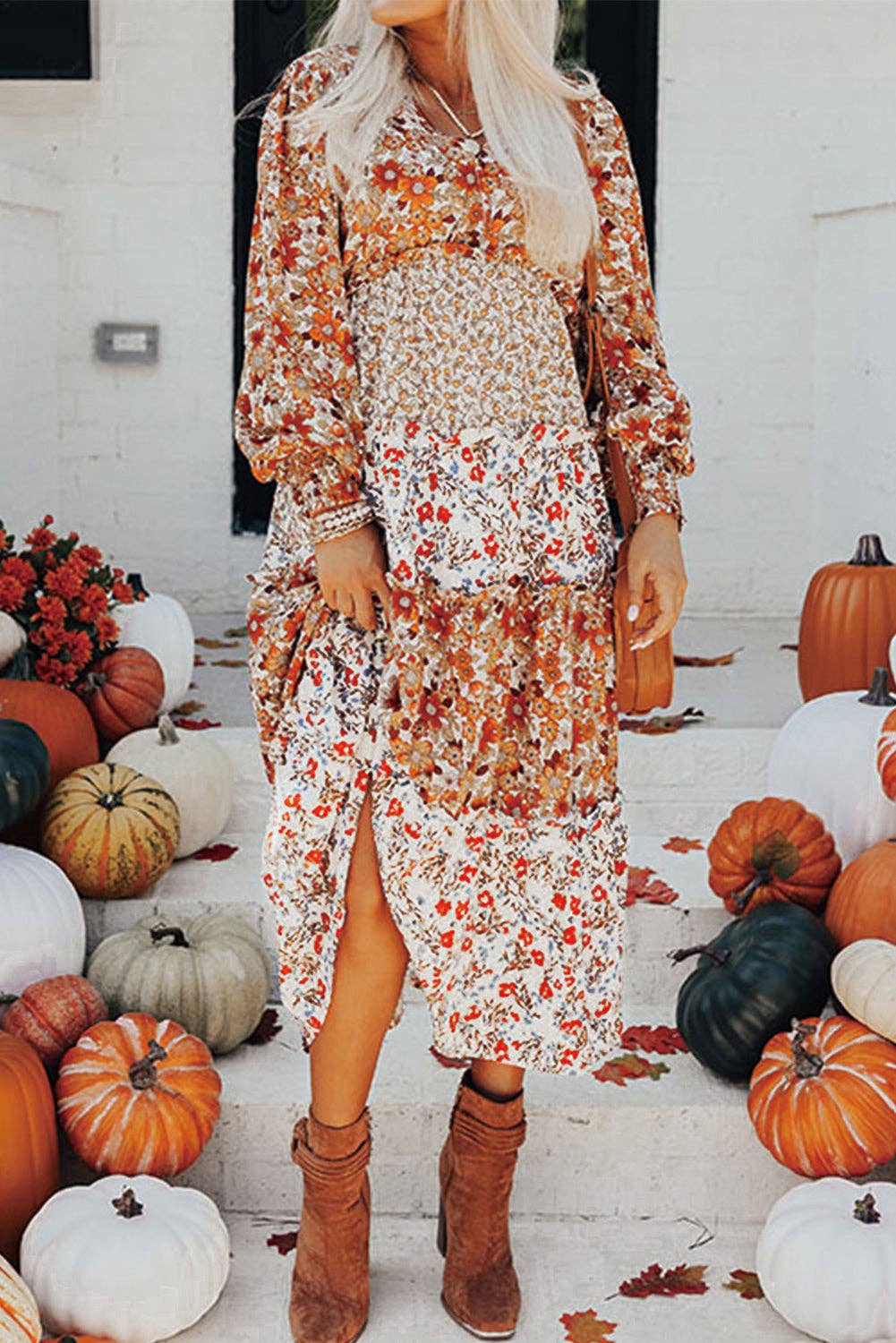 Khaki Floral Ruffled Midi