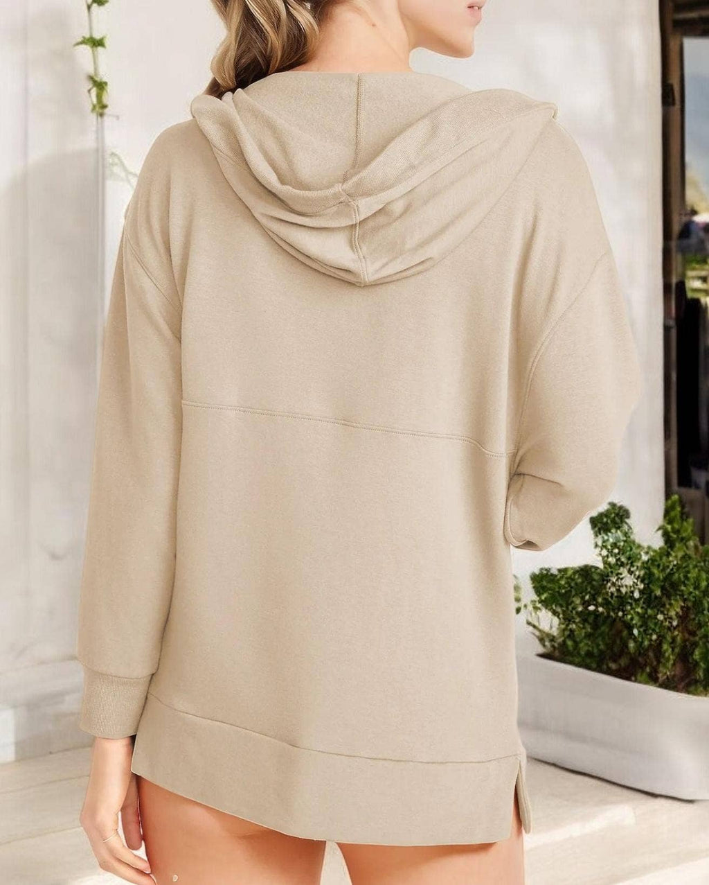 Oversized V-Neck Hoodie with 3/4 Sleeves and Front Pocket