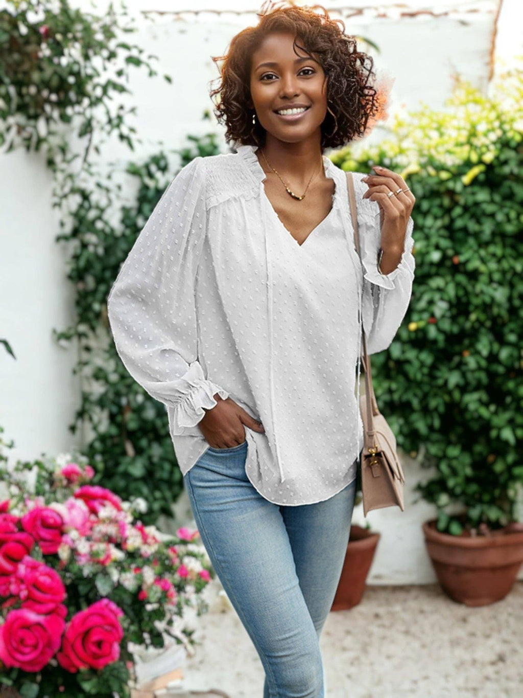 Ruffle Tie Neck Swiss Dot Blouse