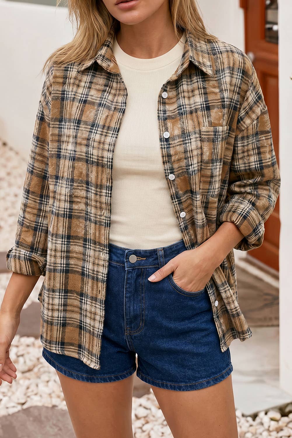 LDC Retro Plaid Long Sleeve Button Down Shirt