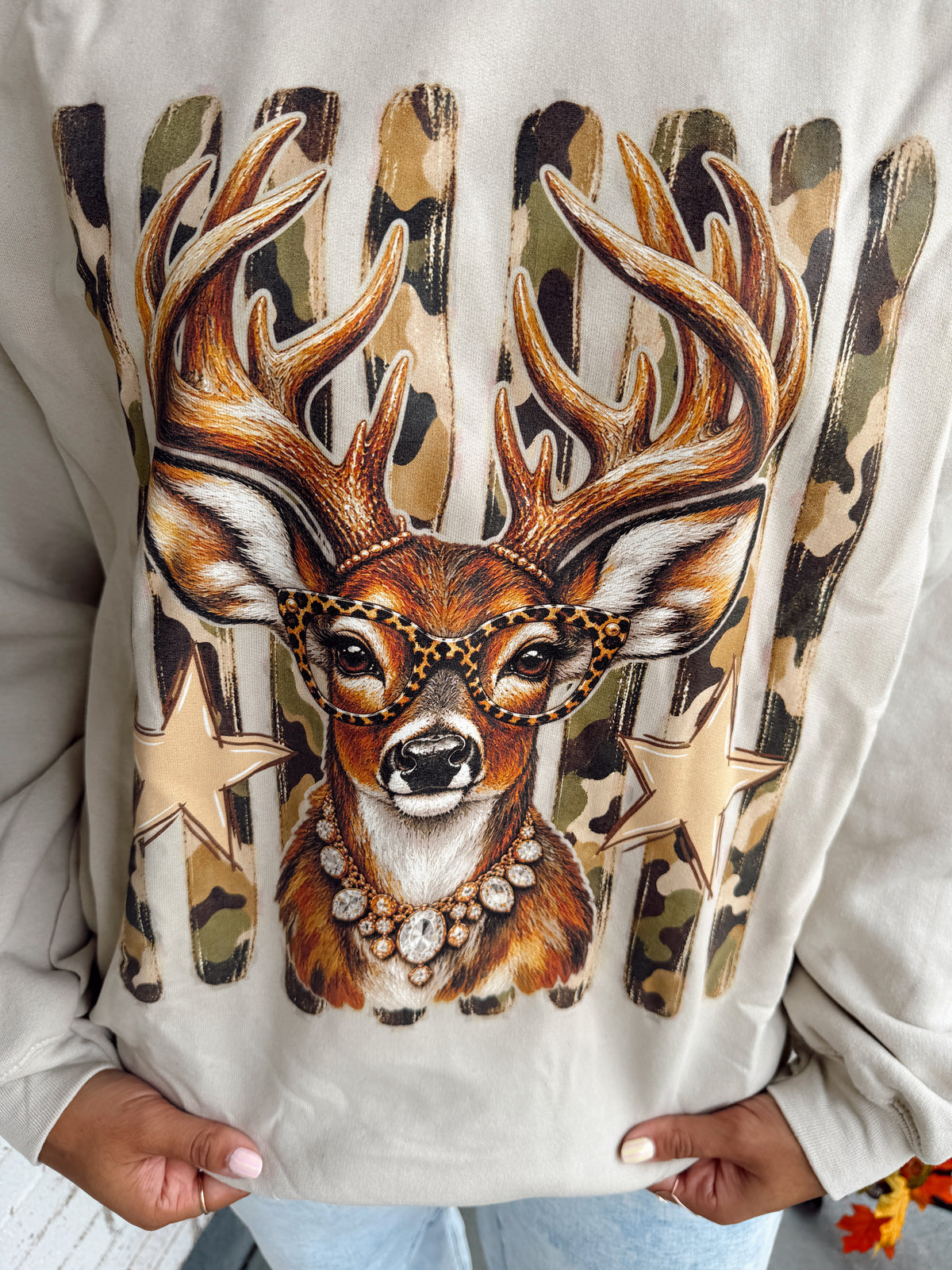 Glamour Deer on Camo Stripes - Unisex Sweatshirt/Tee