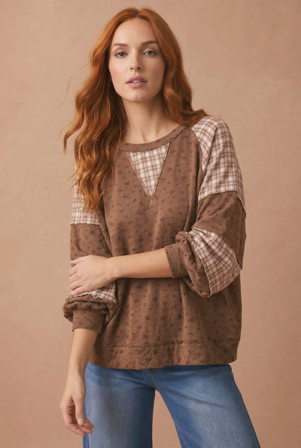 Plus Floral Plaid Color Block Top