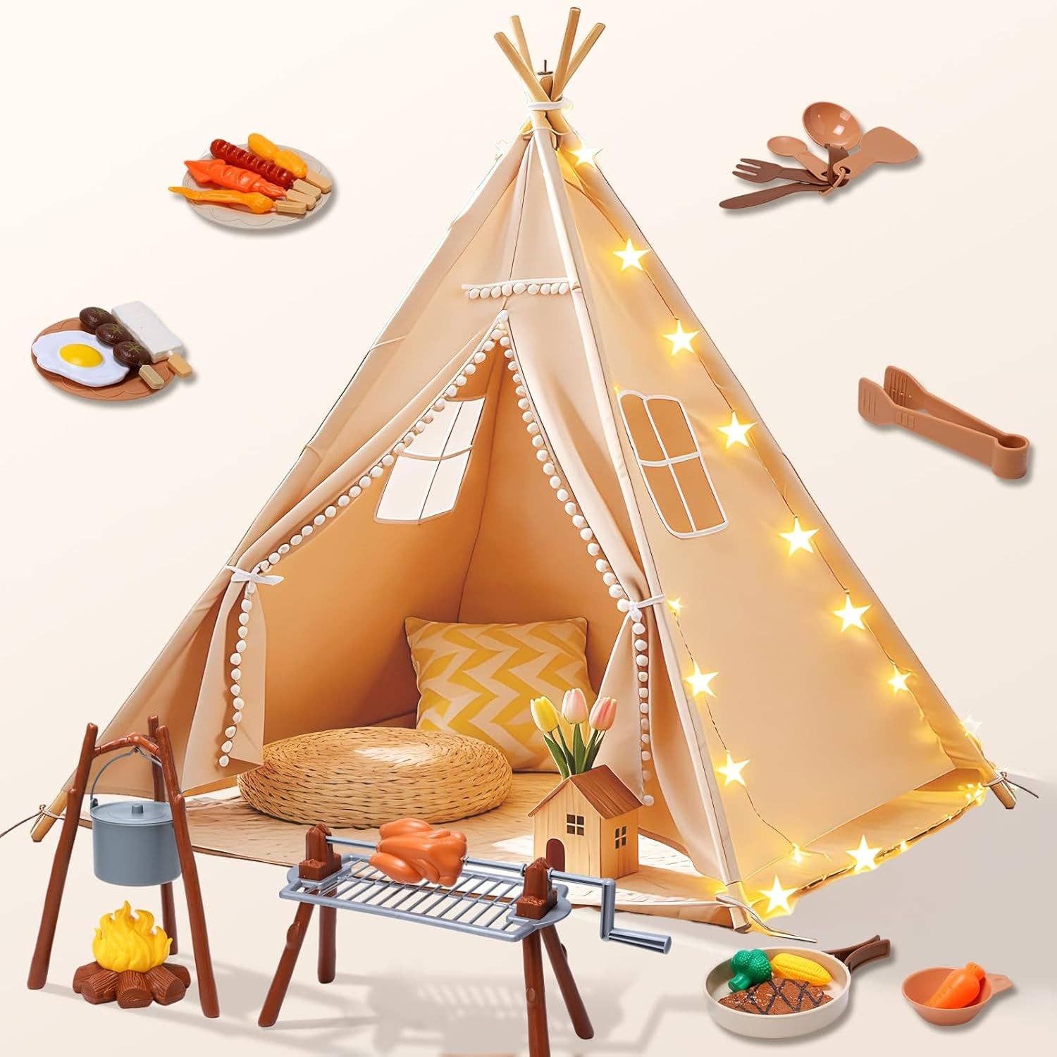 60Inch TeepeeTentWith BBQ Play set Lights Mat Gift Set Included
