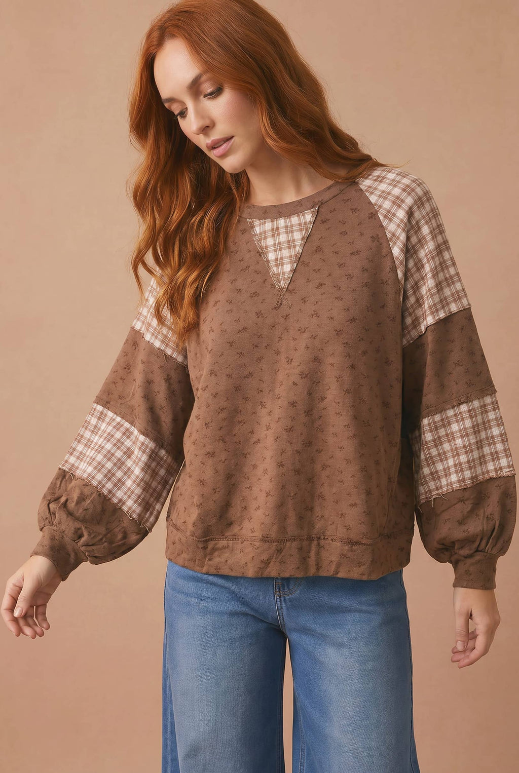 Plus Floral Plaid Color Block Top