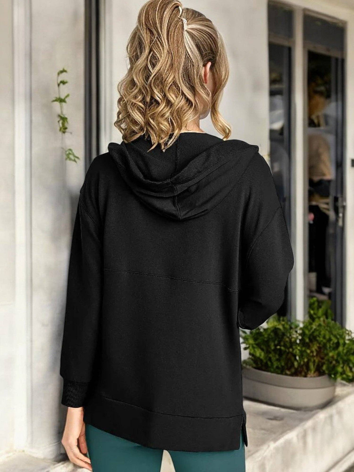 Oversized V-Neck Hoodie with 3/4 Sleeves and Front Pocket