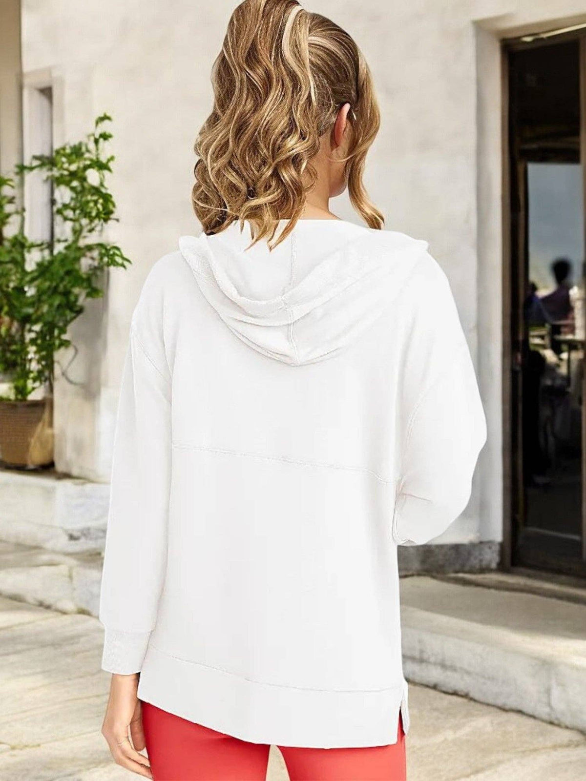 Oversized V-Neck Hoodie with 3/4 Sleeves and Front Pocket