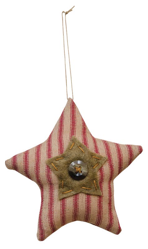 Ticking Button Star Ornament w/Button, 3 Assorted