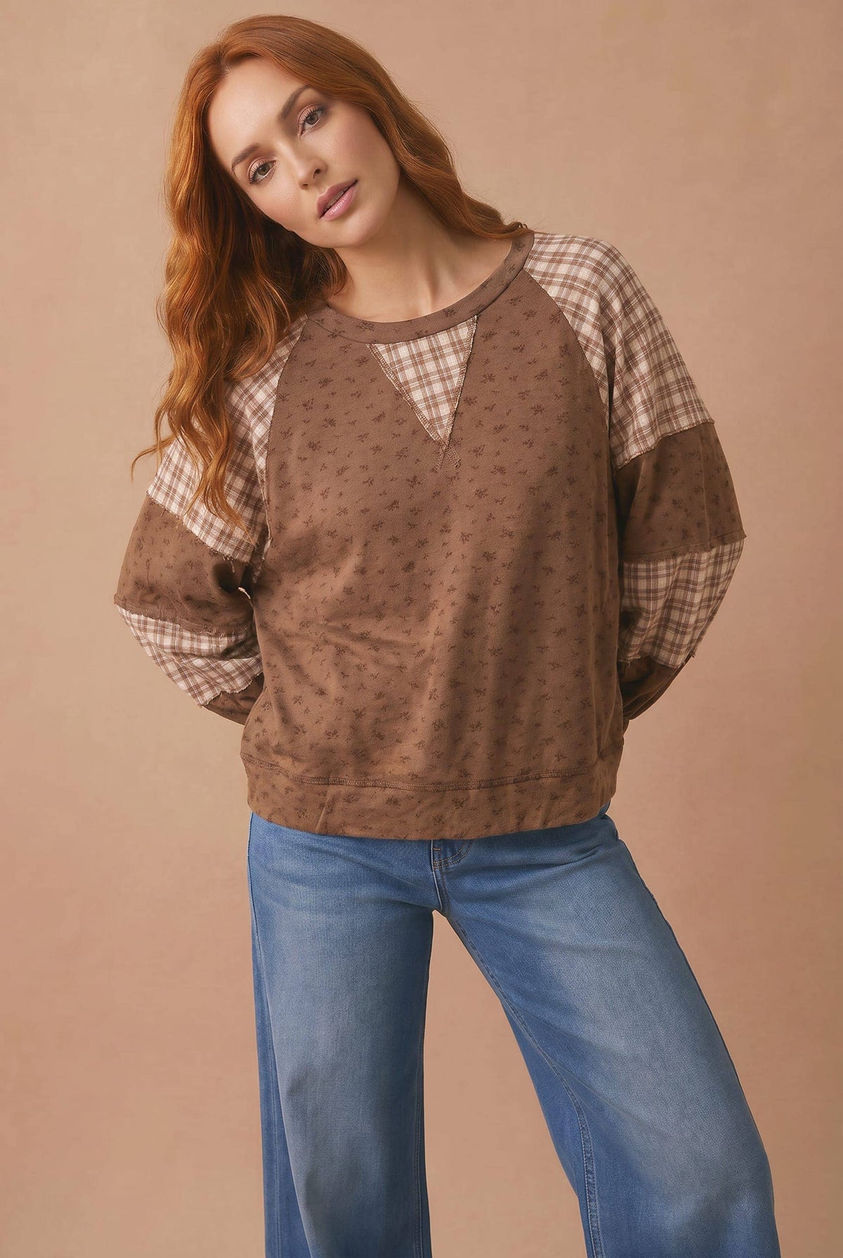 Plus Floral Plaid Color Block Top