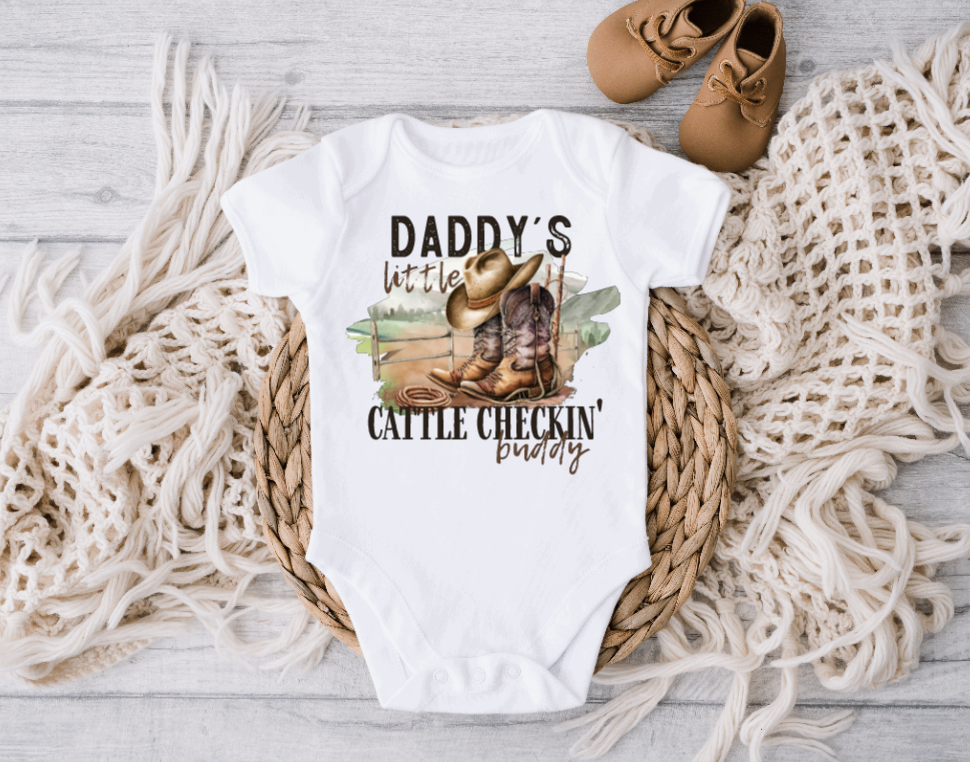 Daddy's Little Cattle Checking Buddy Farm Baby Onesie