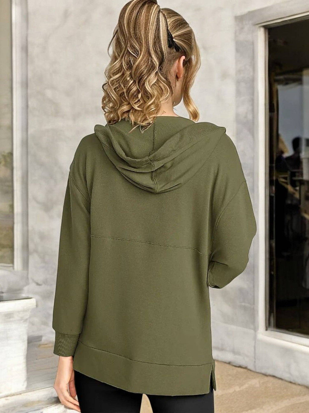 Oversized V-Neck Hoodie with 3/4 Sleeves and Front Pocket