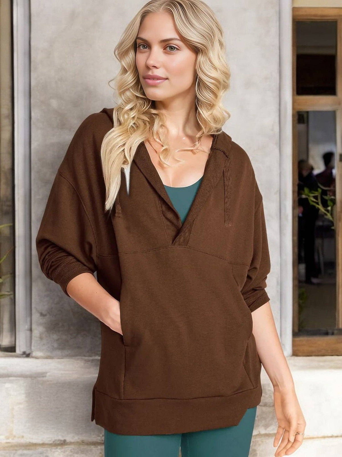 Oversized V-Neck Hoodie with 3/4 Sleeves and Front Pocket