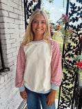 Beige Red Checkered Sleeve Sweater