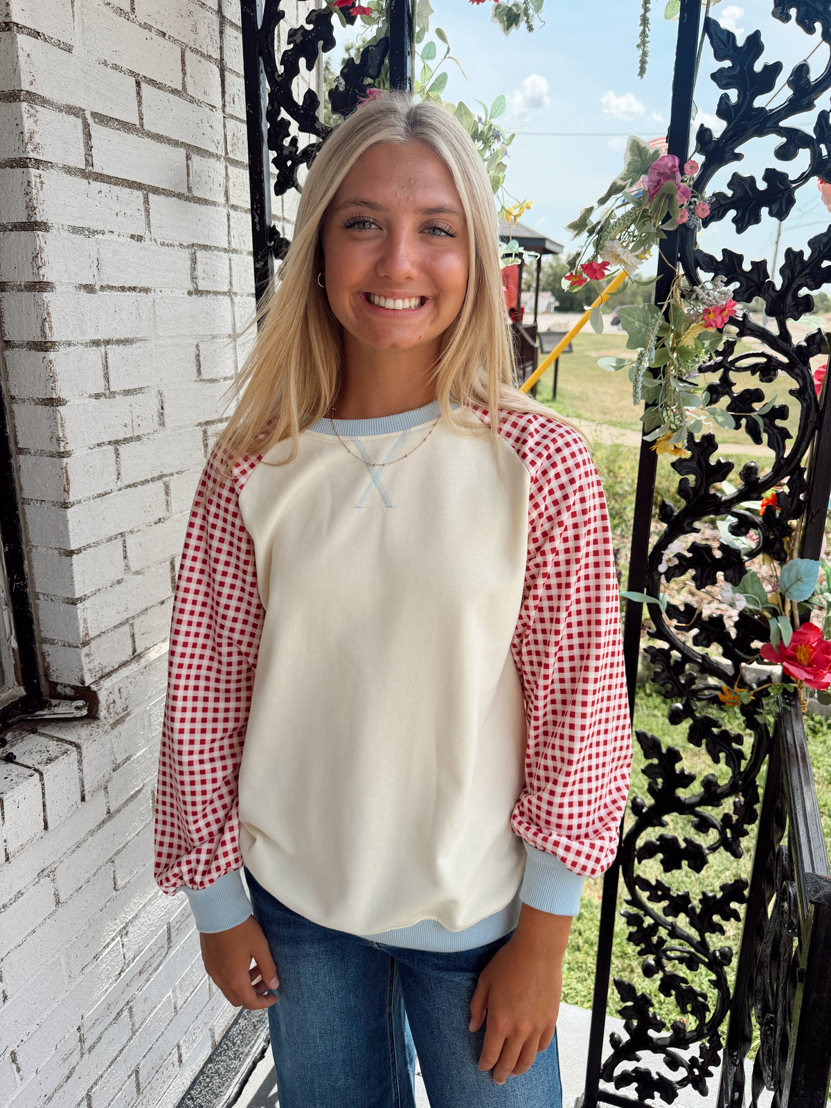 Beige Red Checkered Sleeve Sweater