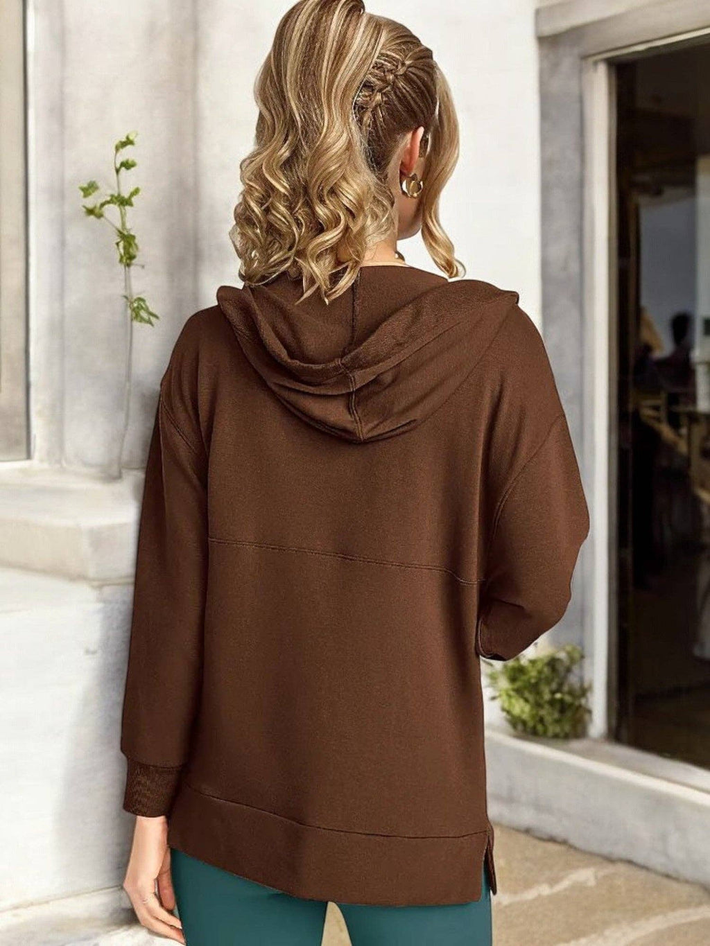 Oversized V-Neck Hoodie with 3/4 Sleeves and Front Pocket
