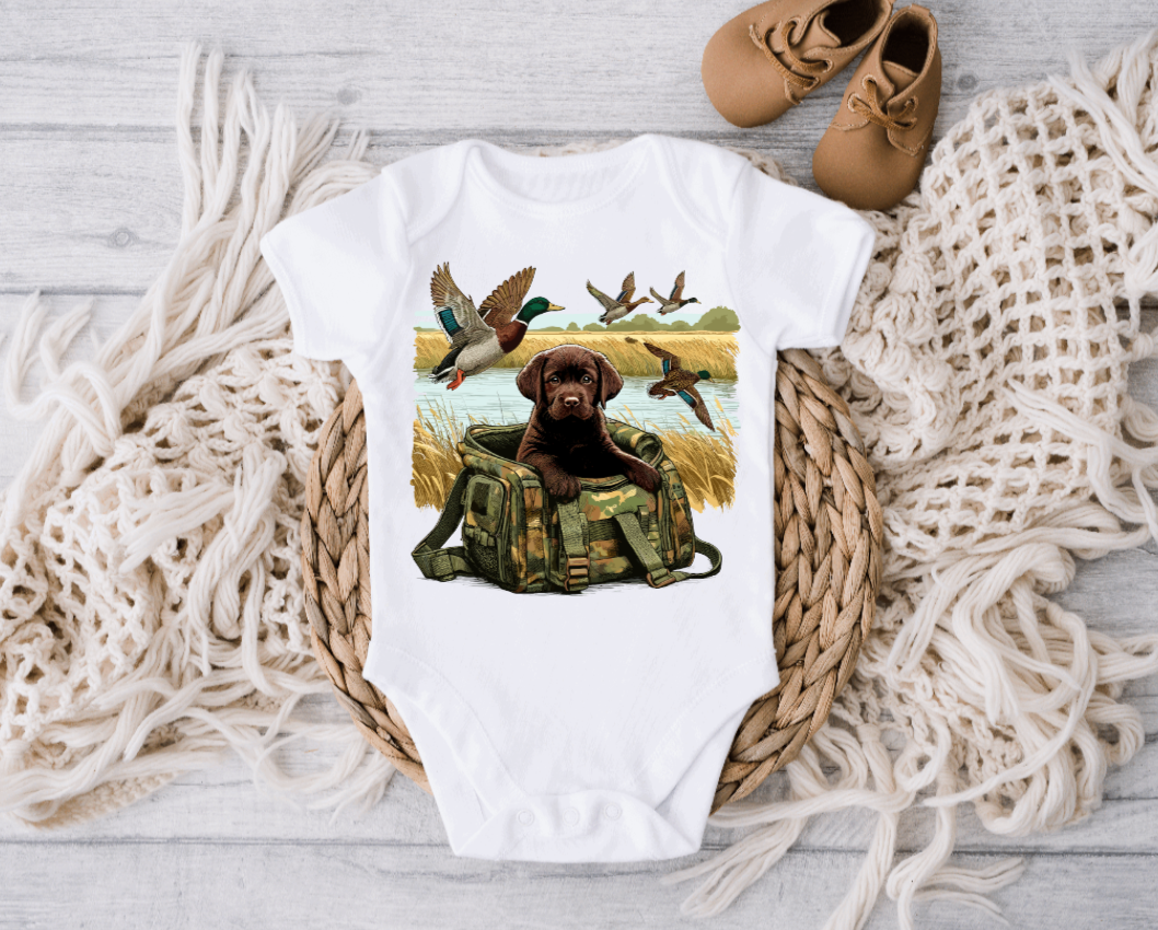 Chocolate Lab Little Hunter Mallard Hunting Baby Onesie