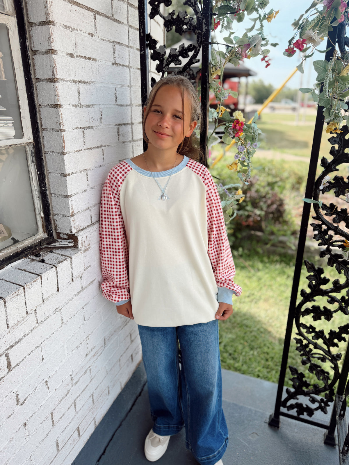 Beige Red Checkered Sleeve Sweater