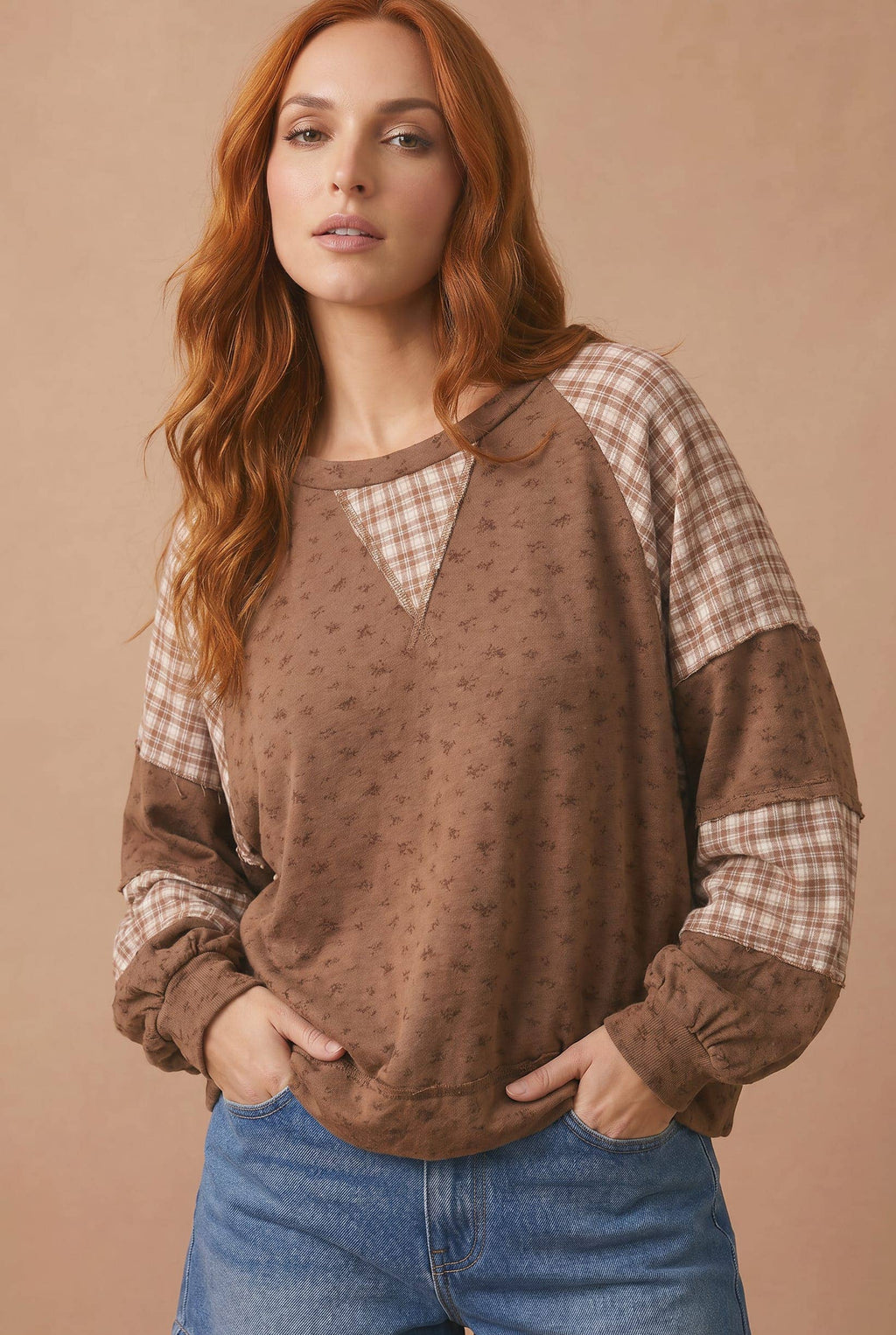 Plus Floral Plaid Color Block Top