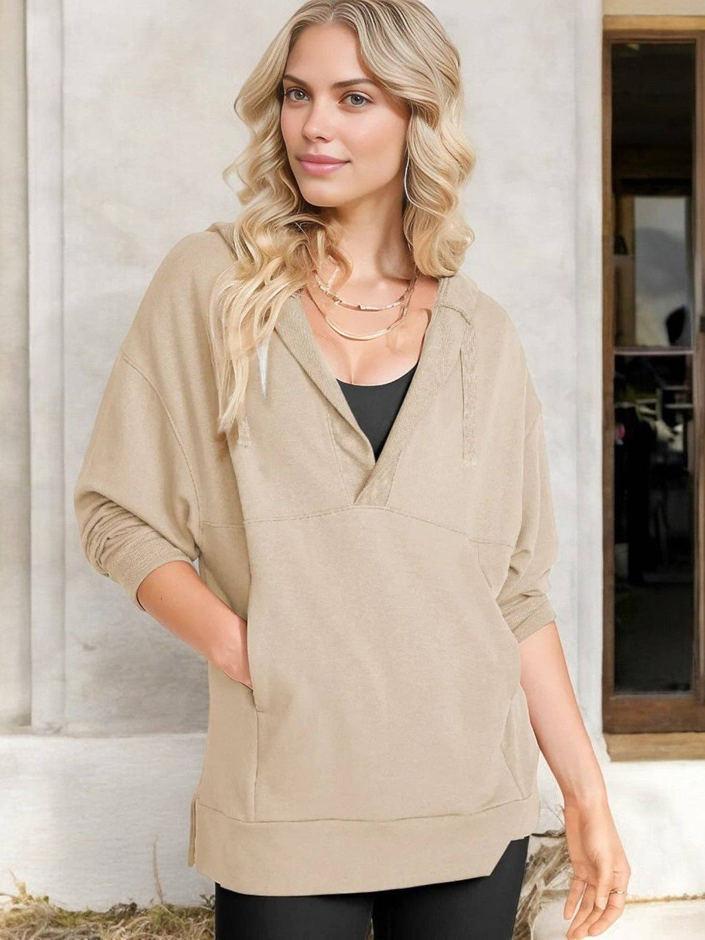 Oversized V-Neck Hoodie with 3/4 Sleeves and Front Pocket