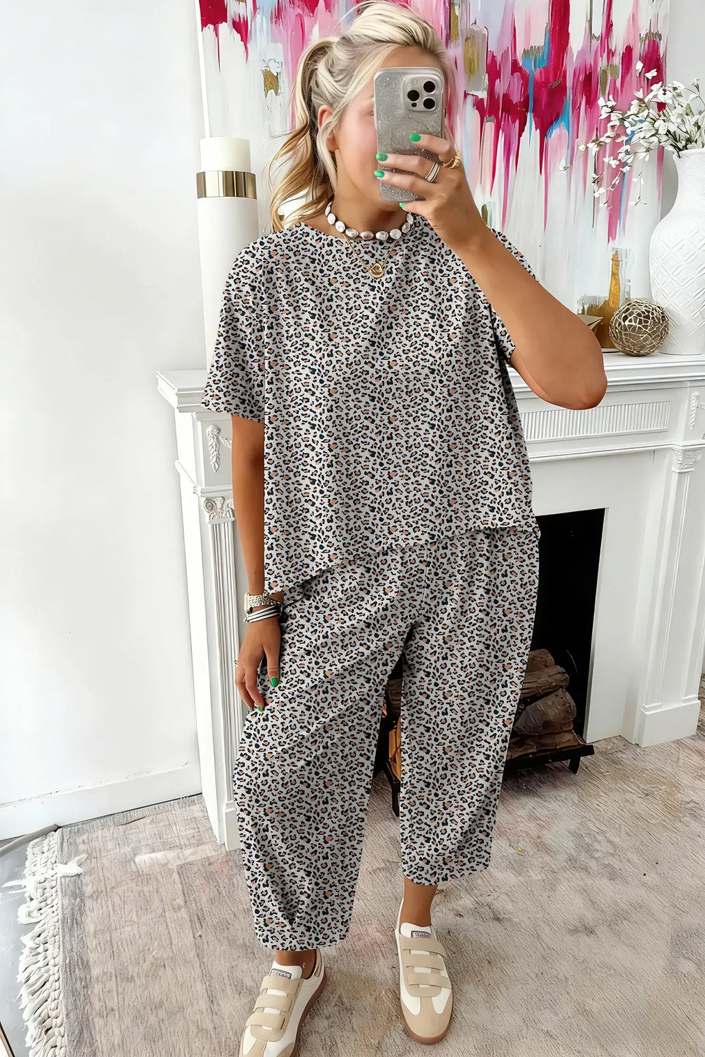 White Leopard Loose Tee Drawstring Waist Barrel Pants Set