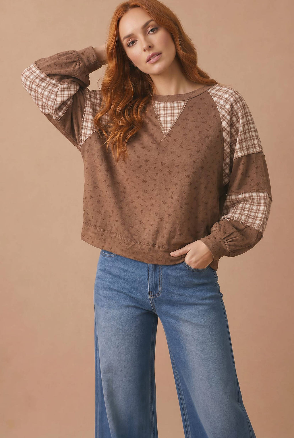 Plus Floral Plaid Color Block Top