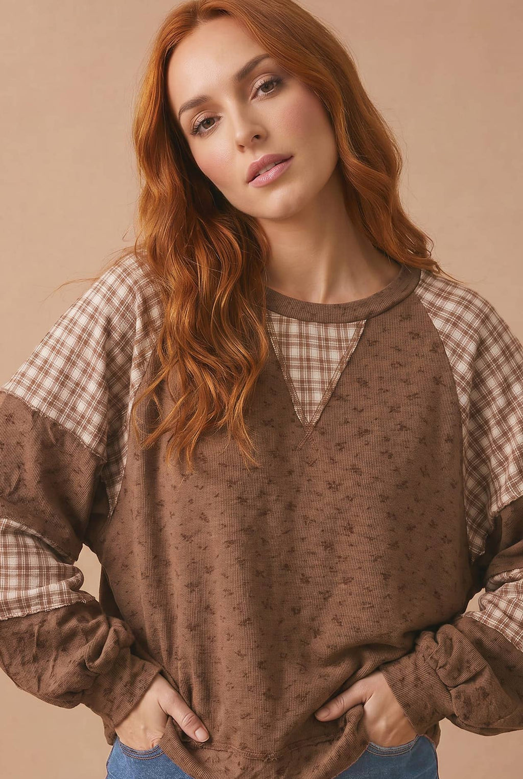 Plus Floral Plaid Color Block Top