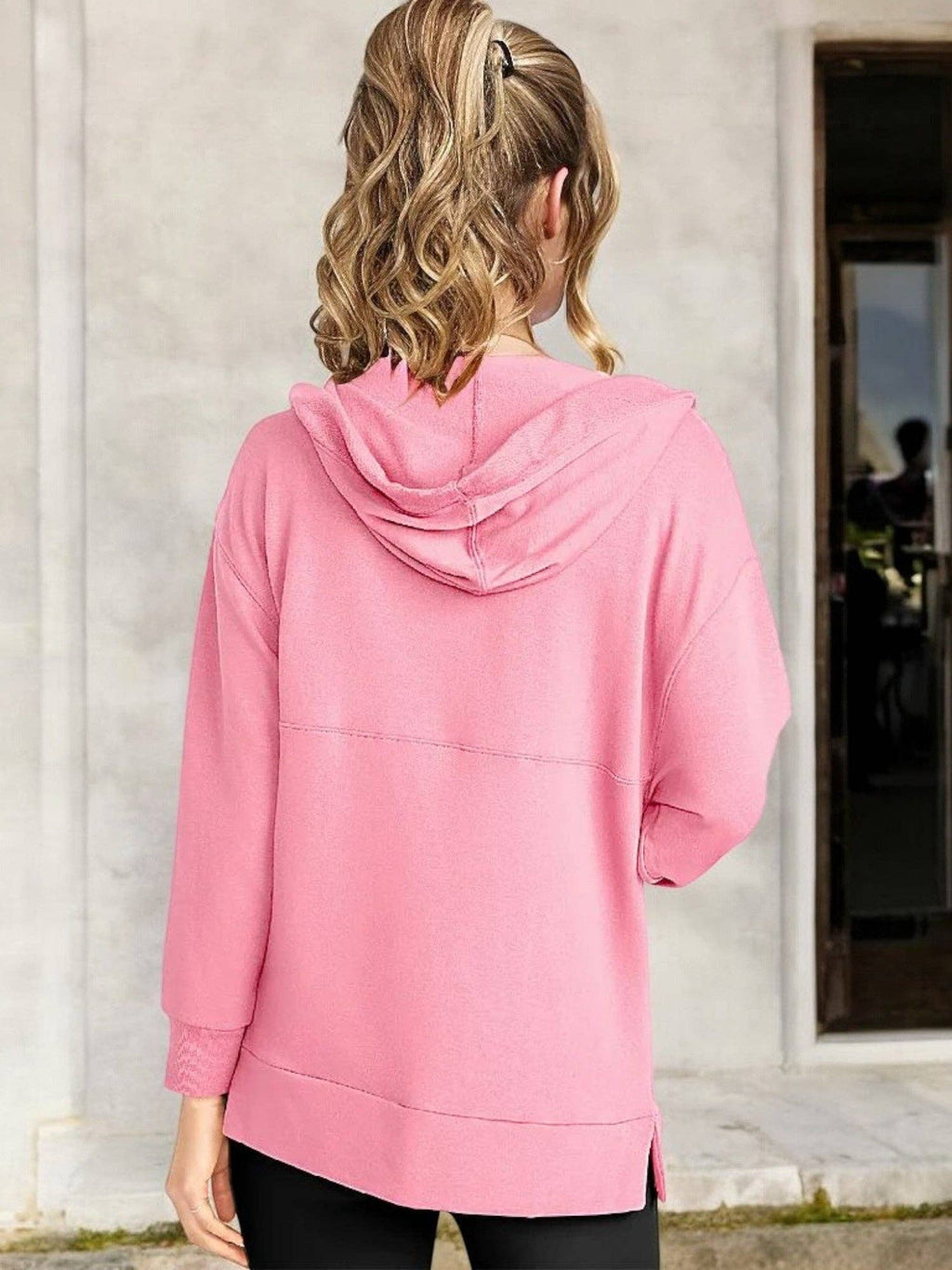 Oversized V-Neck Hoodie with 3/4 Sleeves and Front Pocket