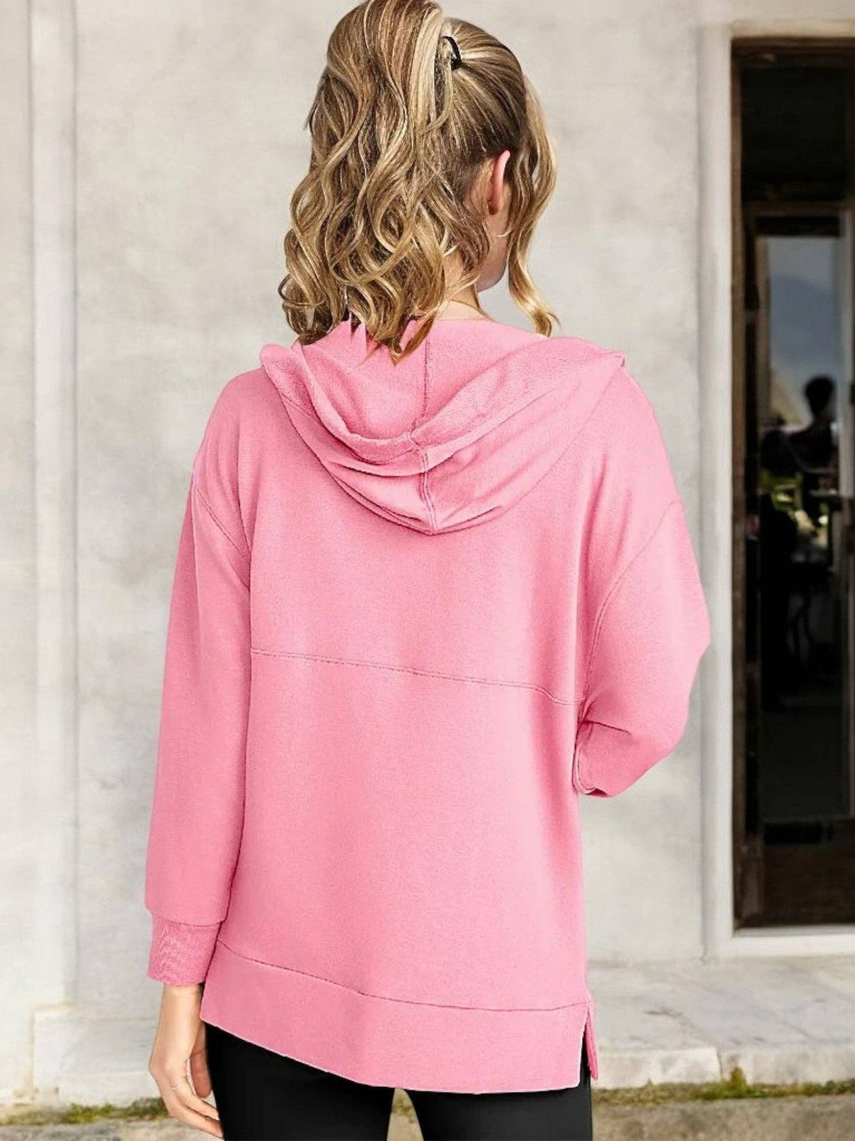 Oversized V-Neck Hoodie with 3/4 Sleeves and Front Pocket