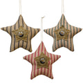 Ticking Button Star Ornament w/Button, 3 Assorted