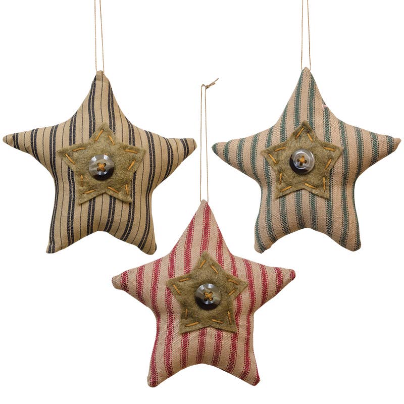 Ticking Button Star Ornament w/Button, 3 Assorted