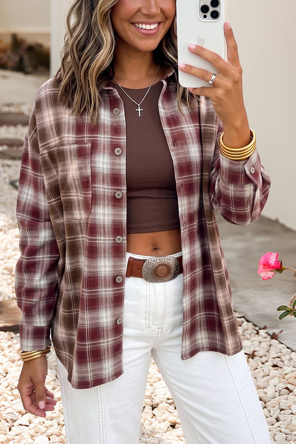 LDC Contrast Plaid Long Sleeve Button Down Shirt