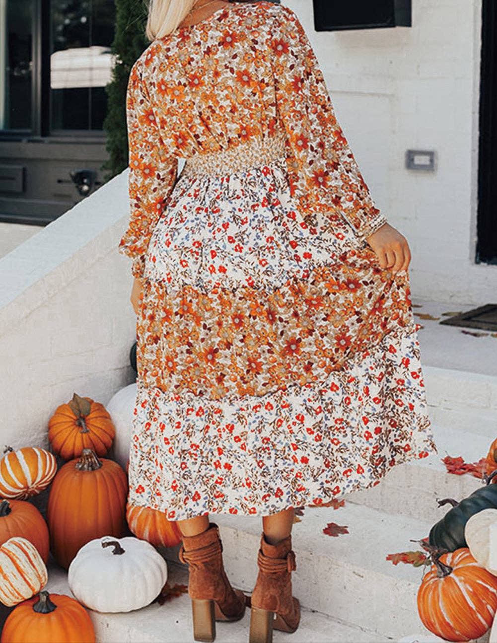 Khaki Floral Ruffled Midi
