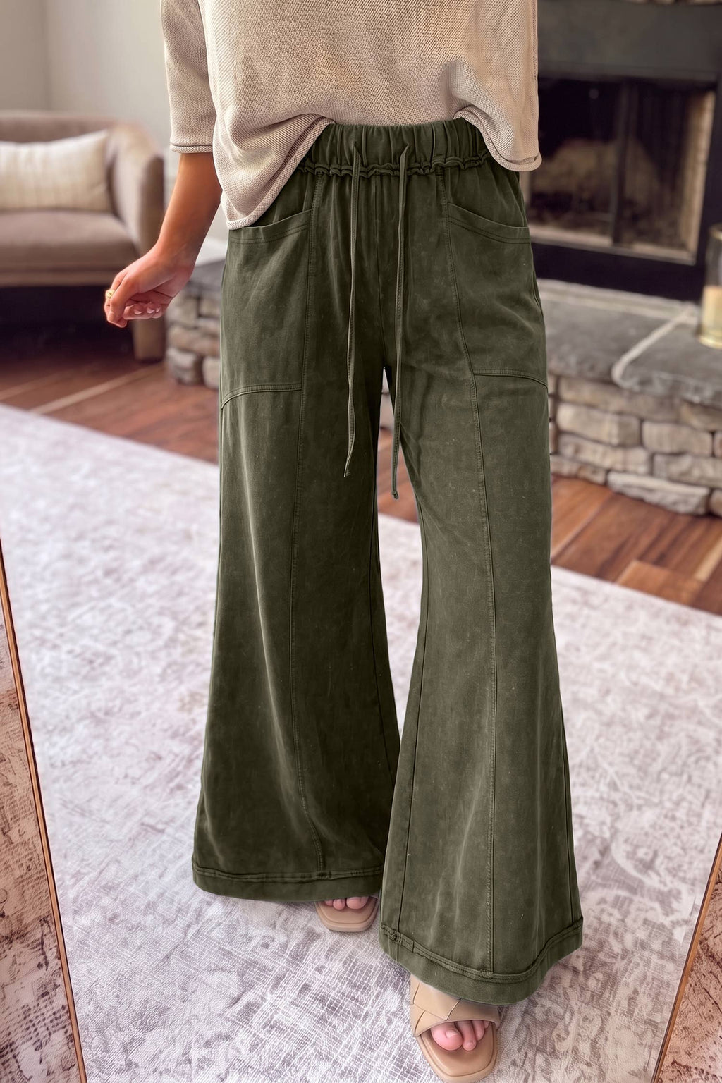 HOT Mineral Wash Seam Detail Flare Leg Drawstring Pants|S-4X