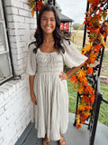 SMOCKING MIDI DRESS