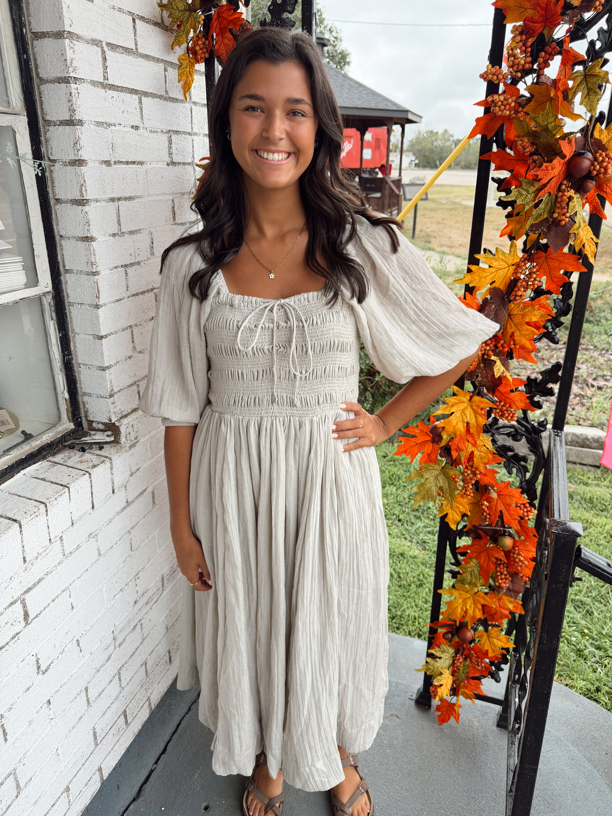 SMOCKING MIDI DRESS