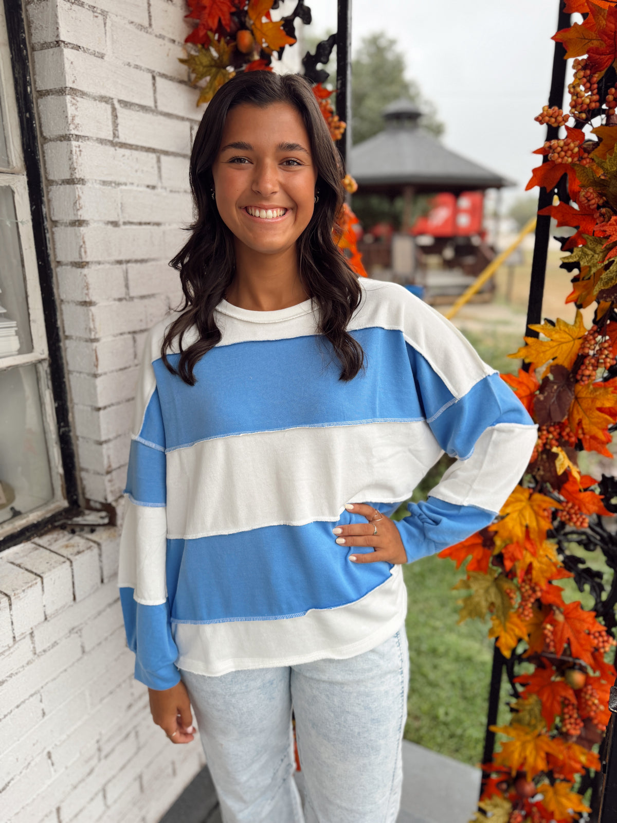 Zenana Light Blue LS Stripe Top