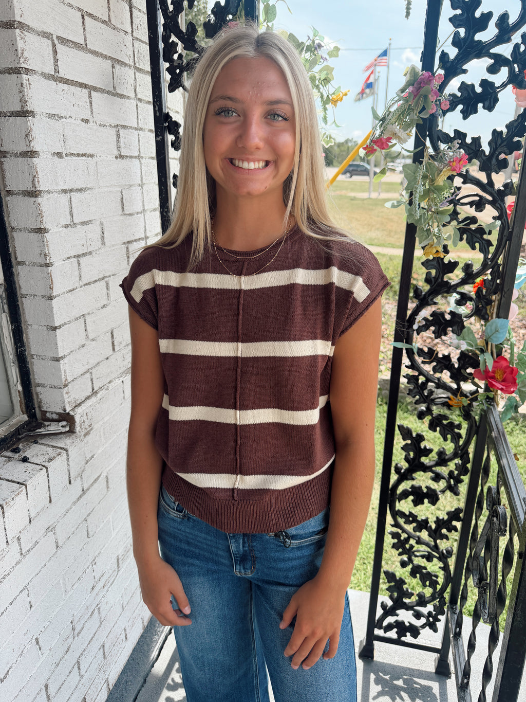 Brown Striped Short Sleeve Knit Western Sweater