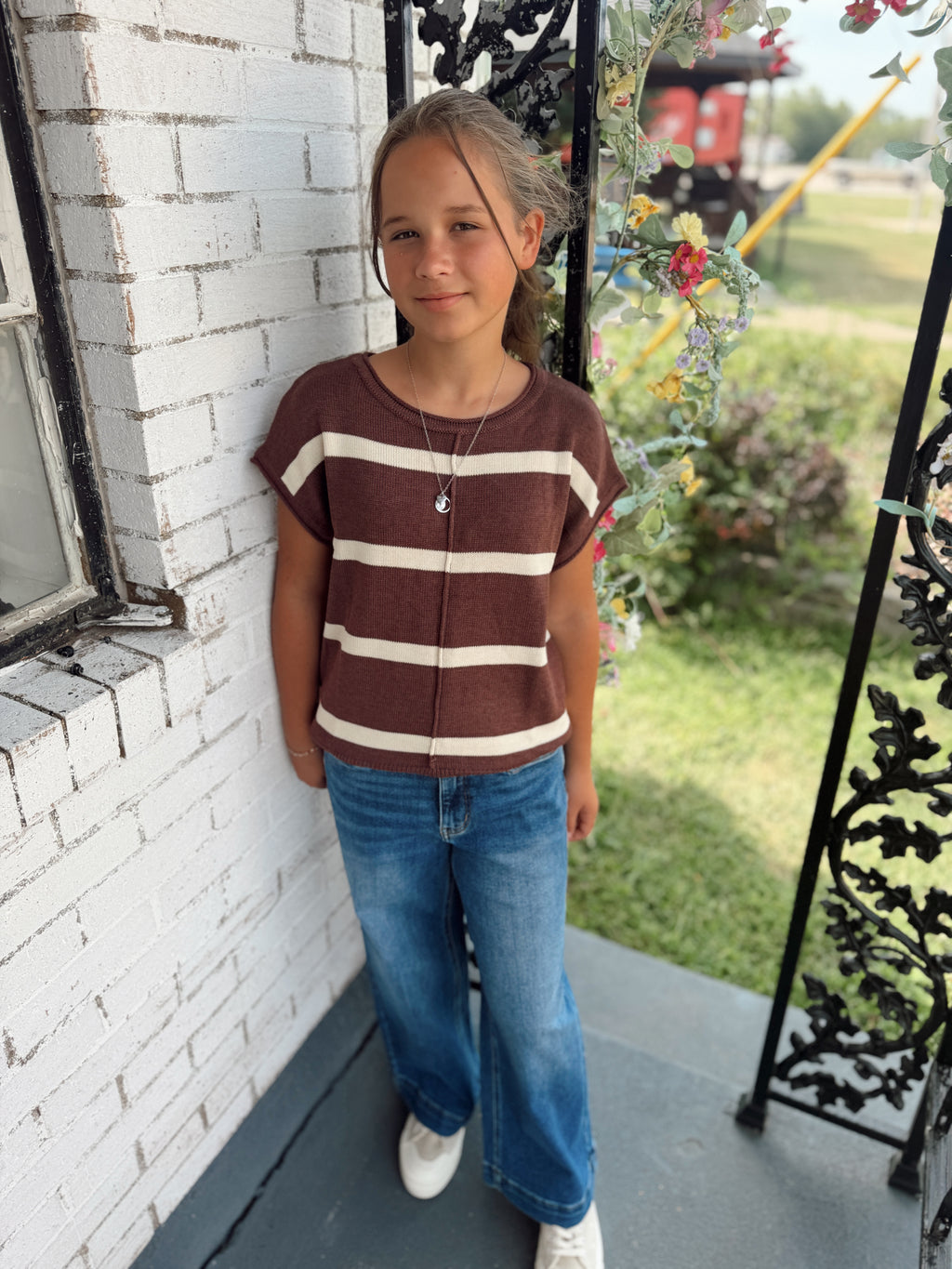 Brown Striped Short Sleeve Knit Western Sweater