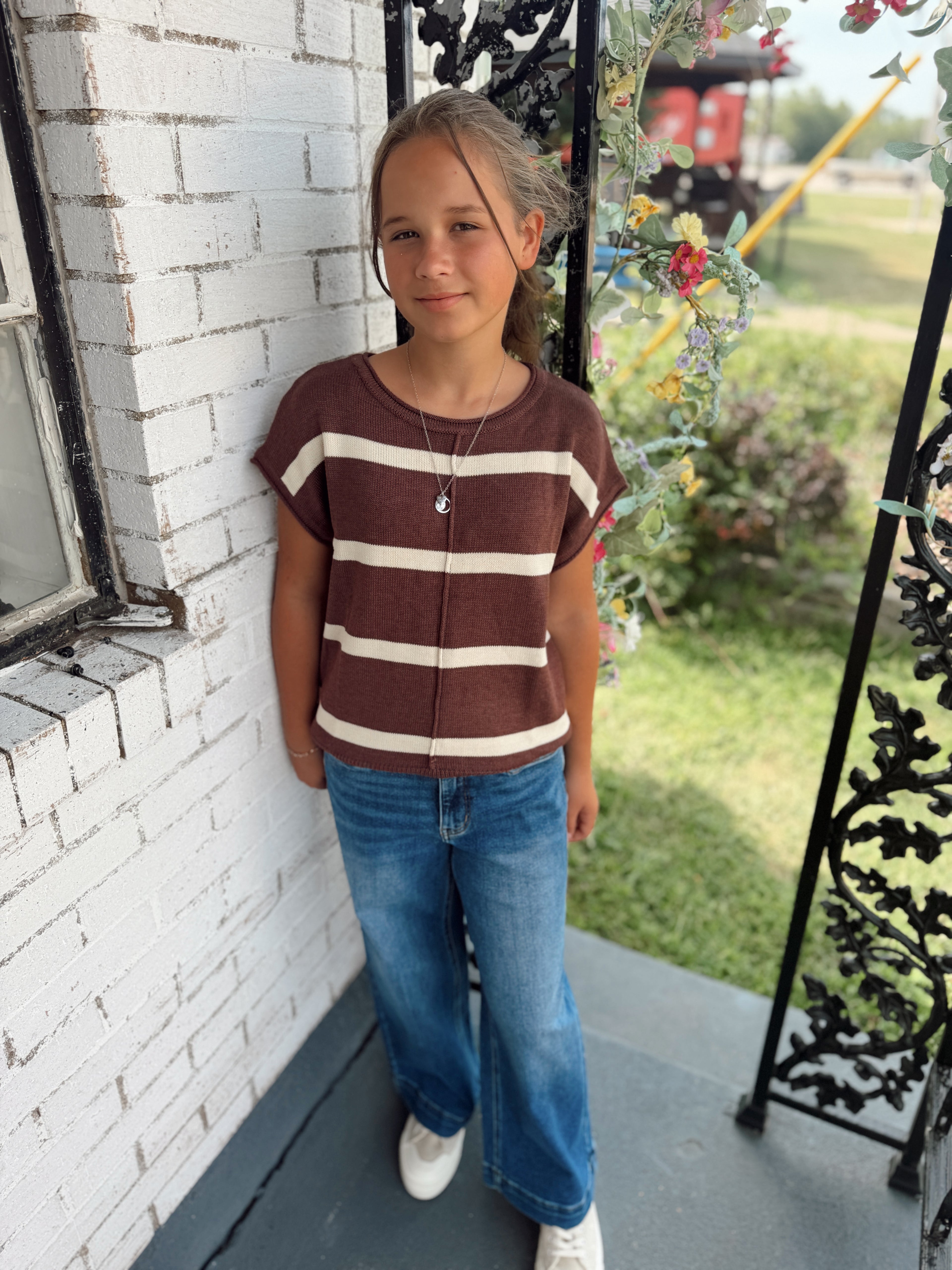 Brown Striped Short Sleeve Knit Western Sweater
