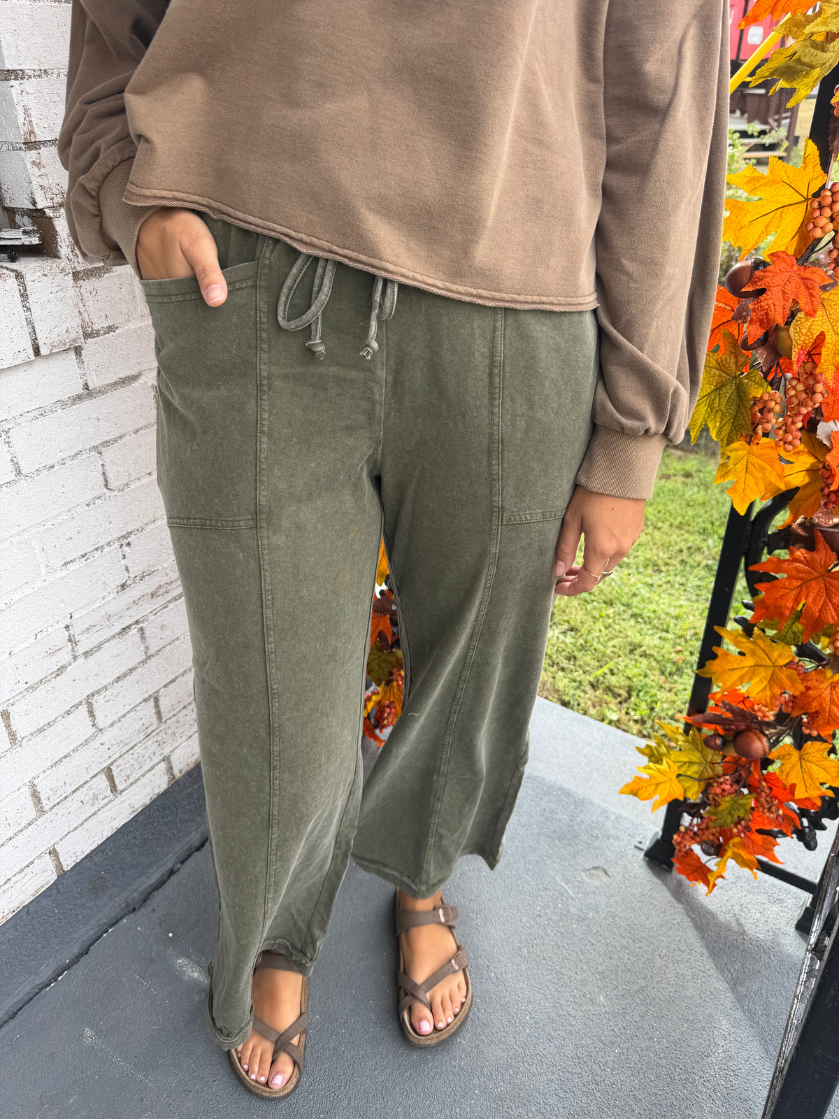 HOT Mineral Wash Seam Detail Flare Leg Drawstring Pants|S-4X