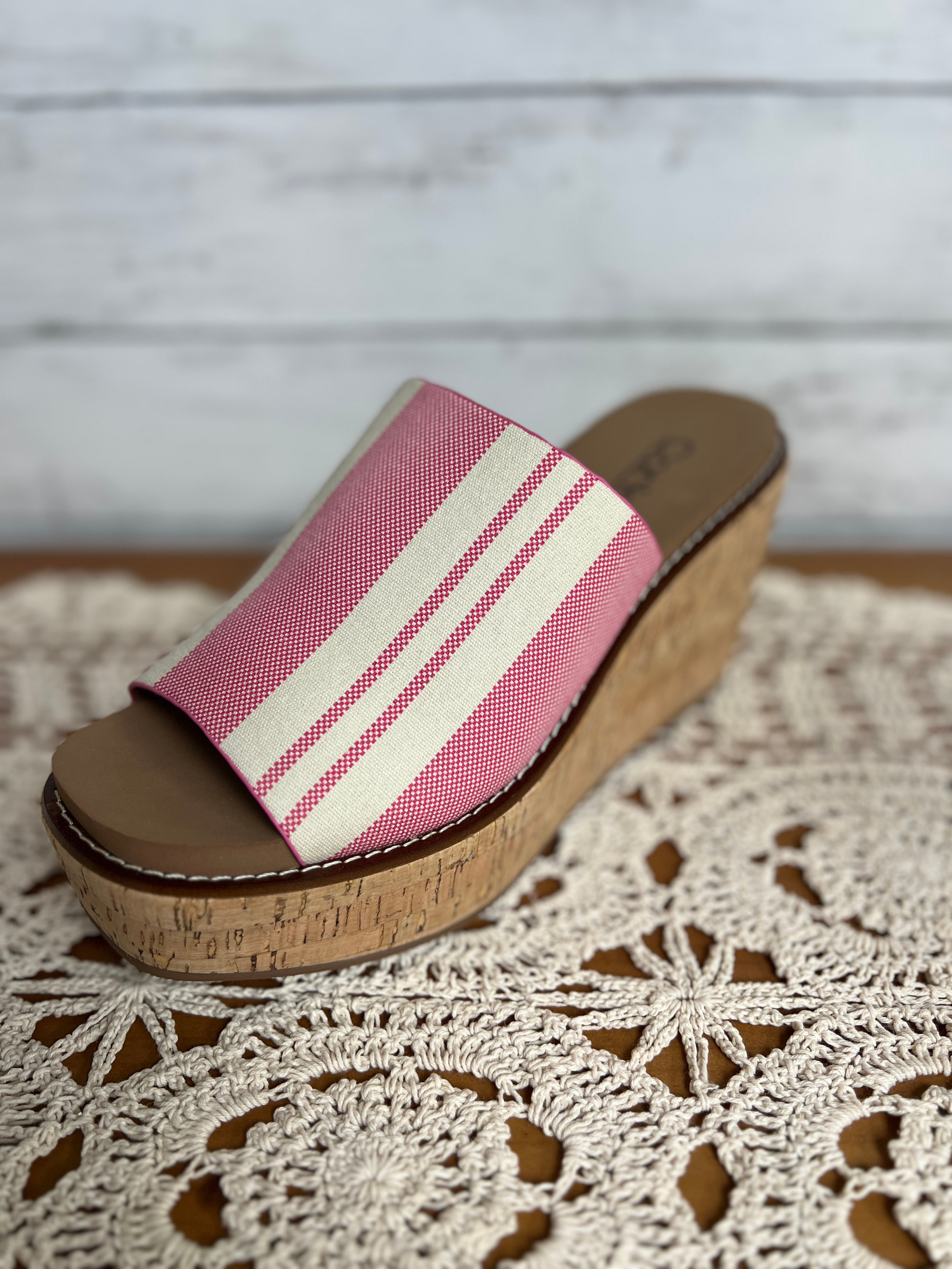 Corkys Natural Pink Striped Wedges