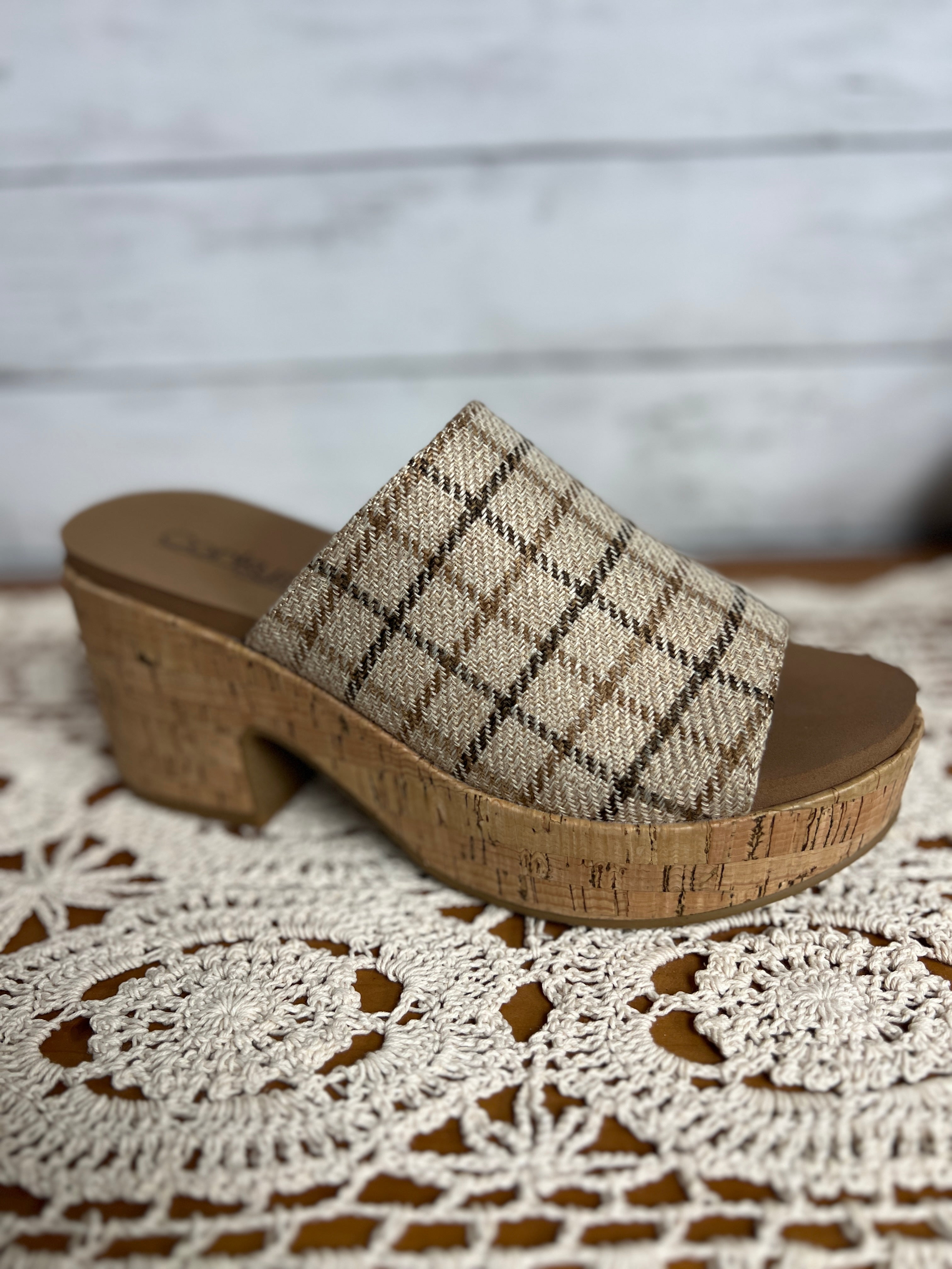 Camel Plaid Wedges