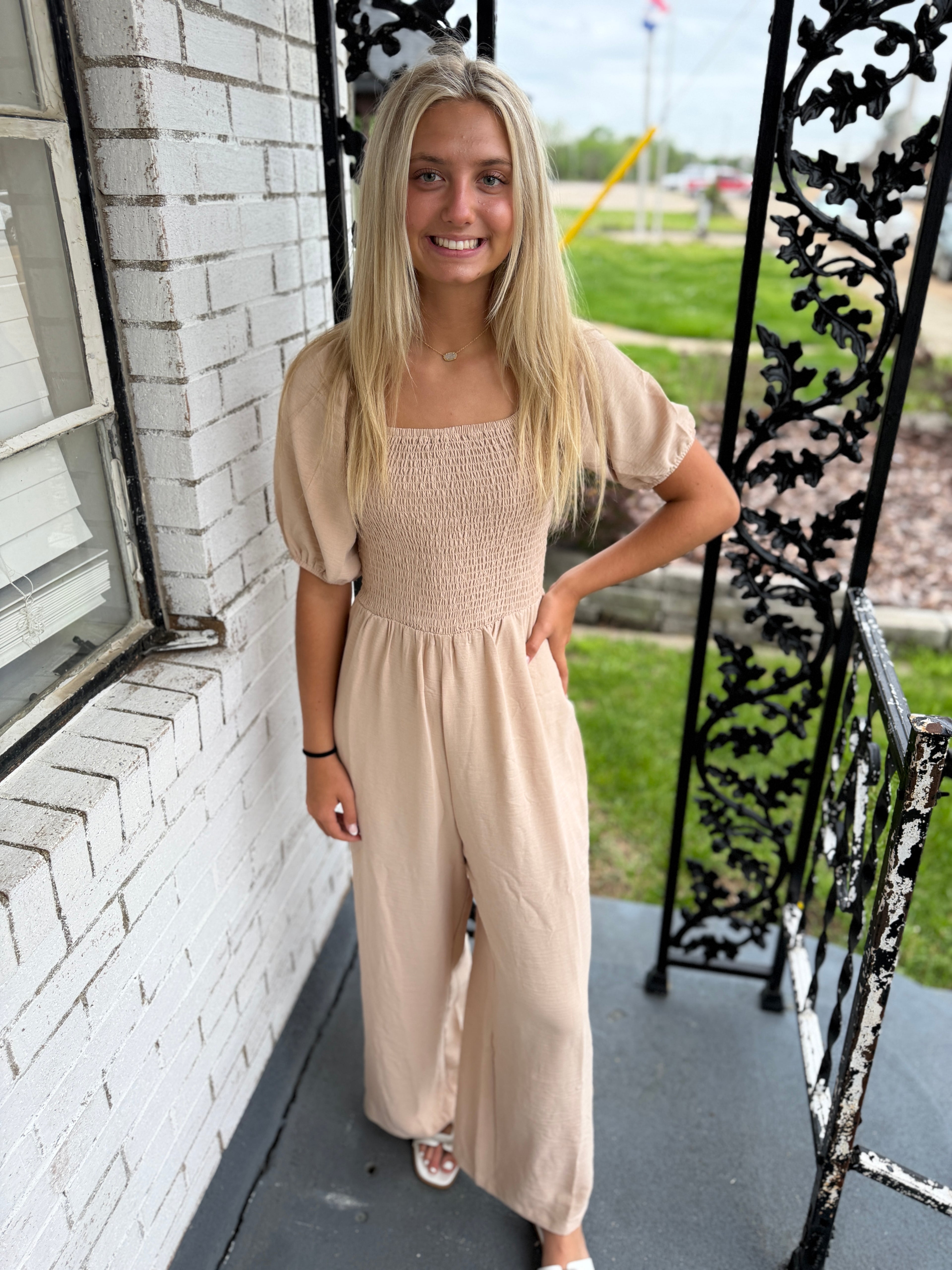 Bubble Sleeve Smocked Wide Leg Jumpsuit