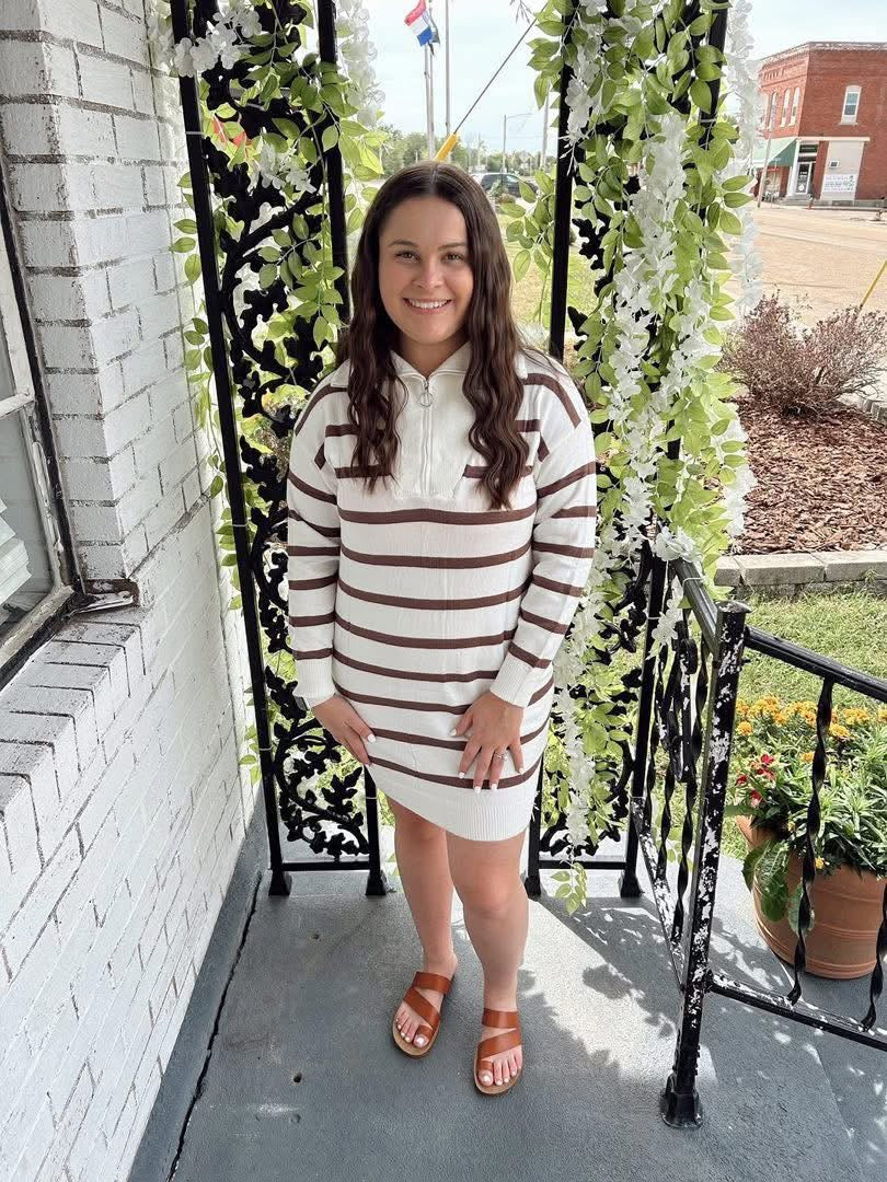Brown Striped Zipper Sweater Dress