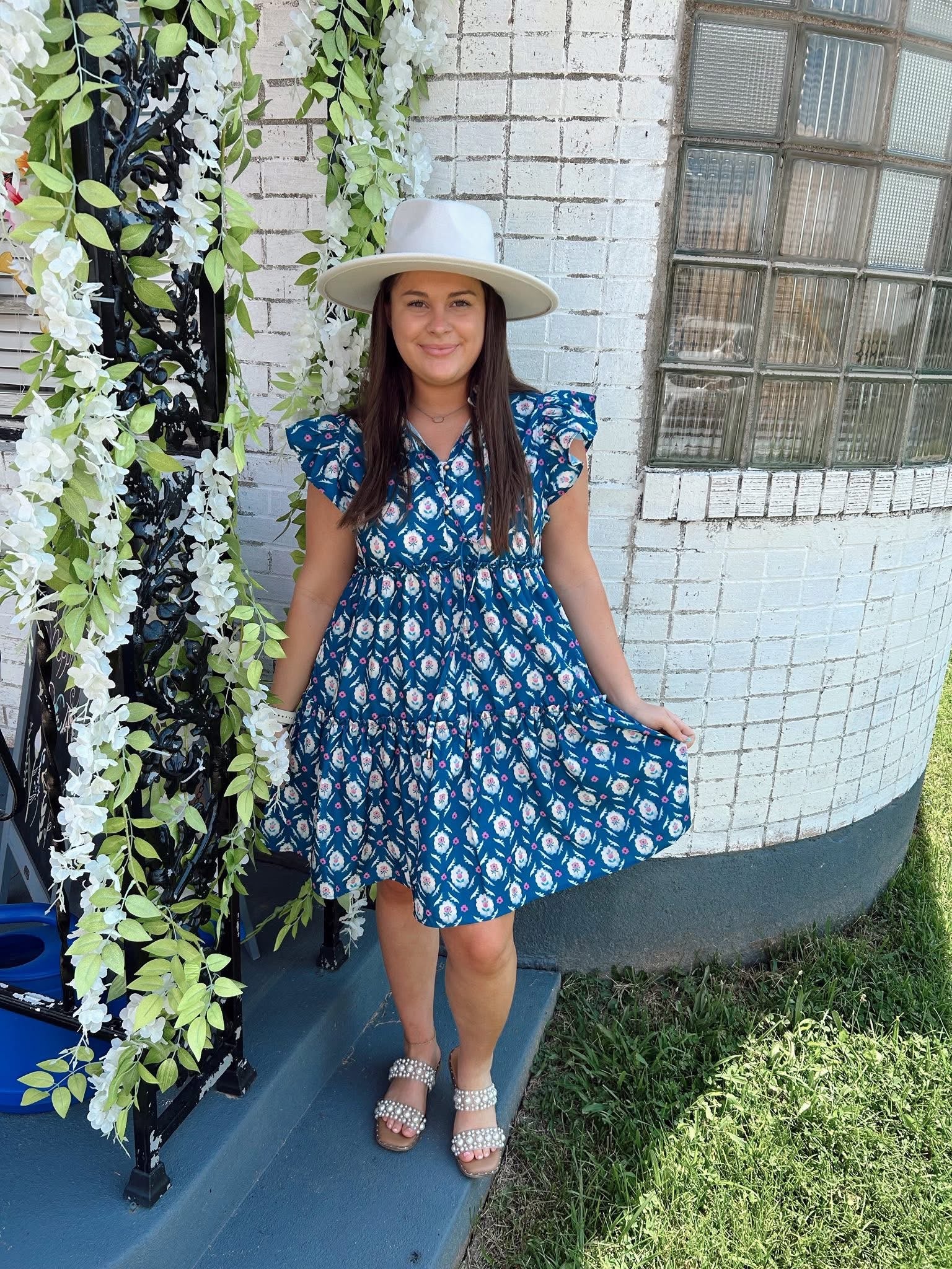 Blue Floral Ruffle Sleeve Dress