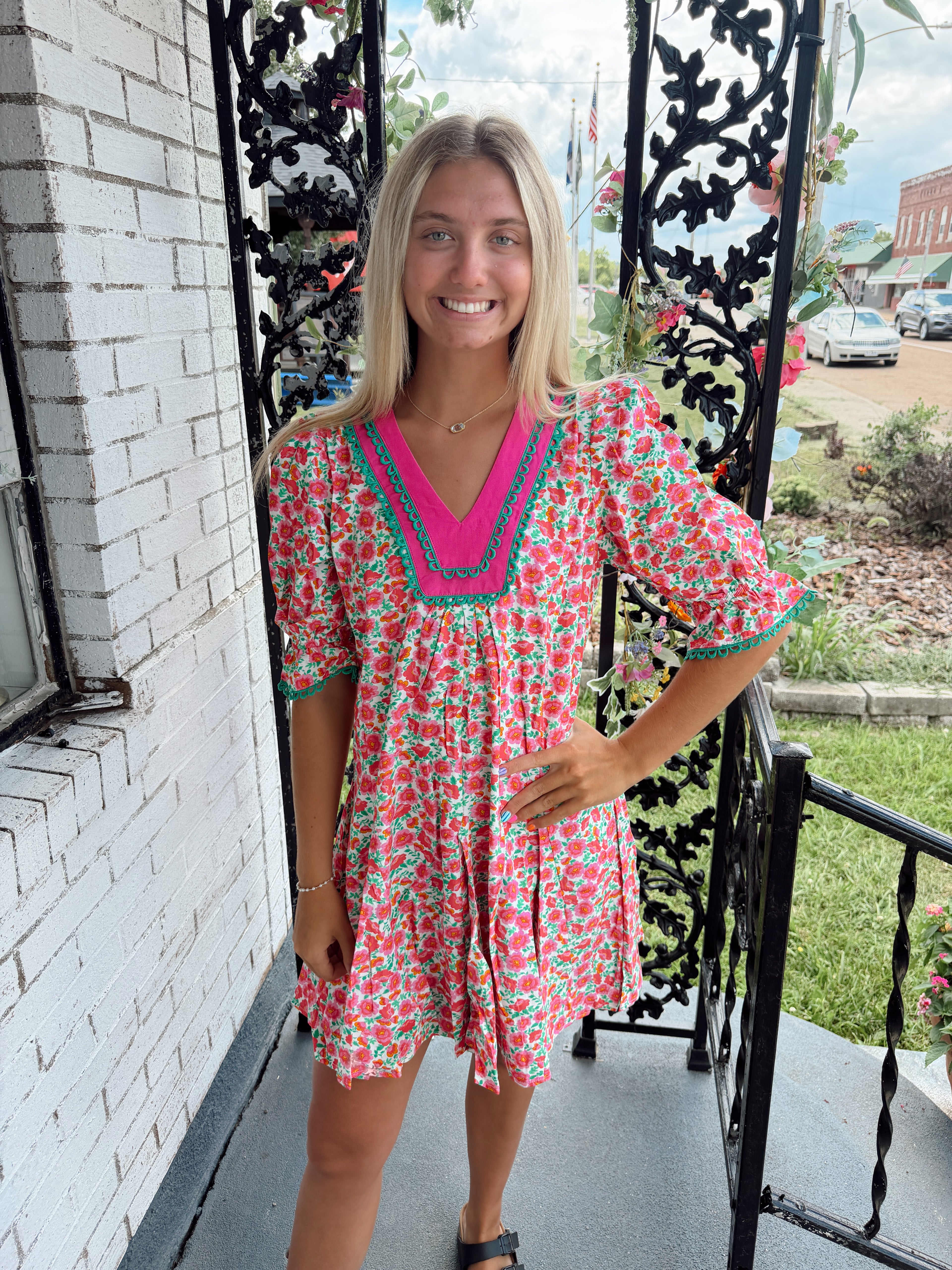 Pink Floral Bubble Sleeve Dress