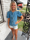 Blue Denim Tied Front With Bubble Sleeves