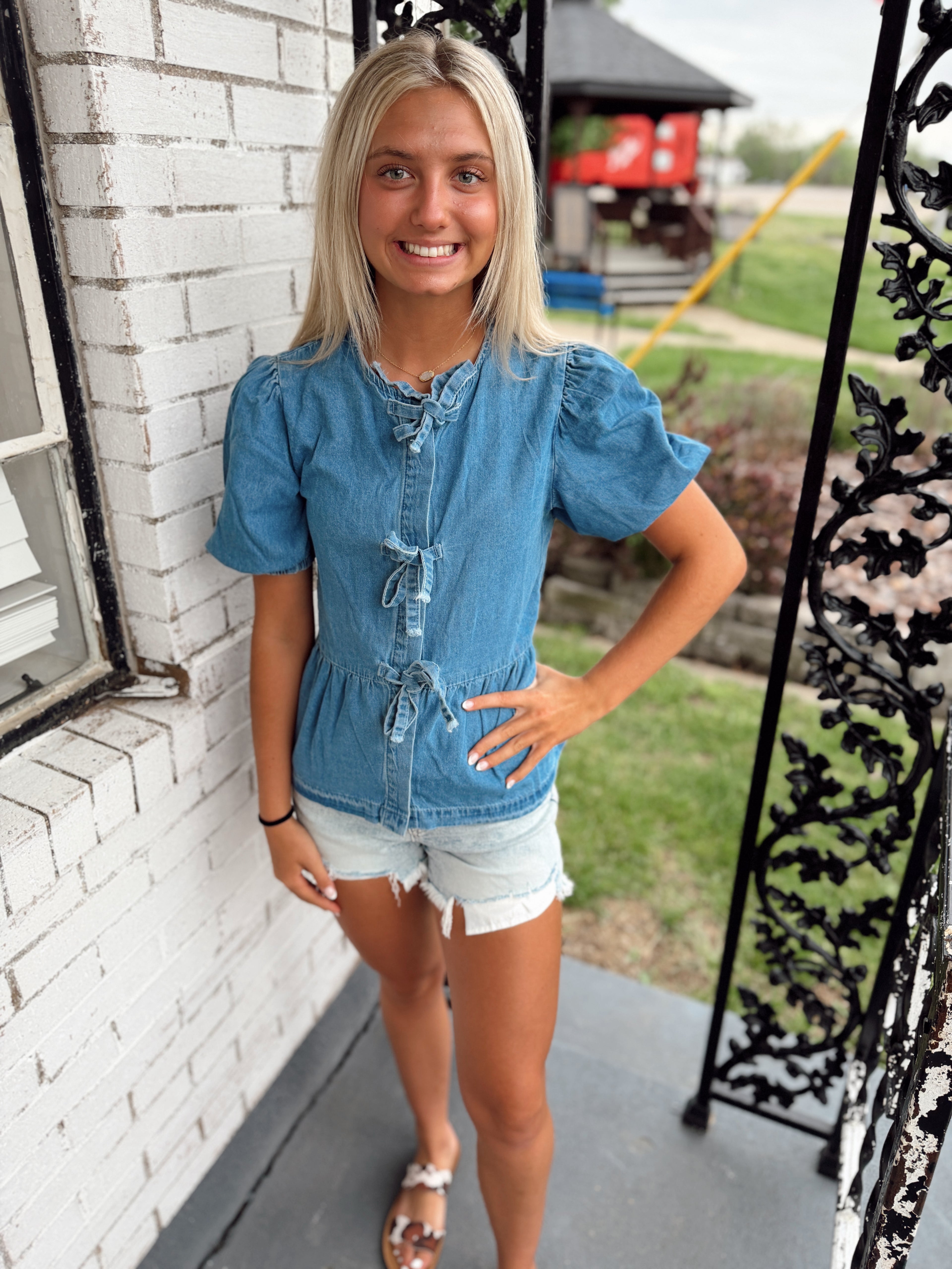 Blue Denim Tied Front With Bubble Sleeves