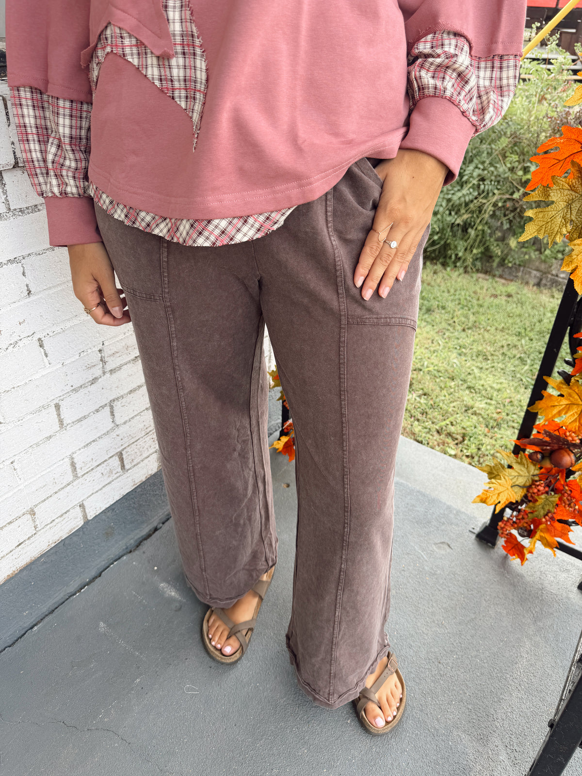 HOT Mineral Wash Seam Detail Flare Leg Drawstring Pants|S-4X