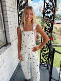 White Overalls with Navy Polka Dots