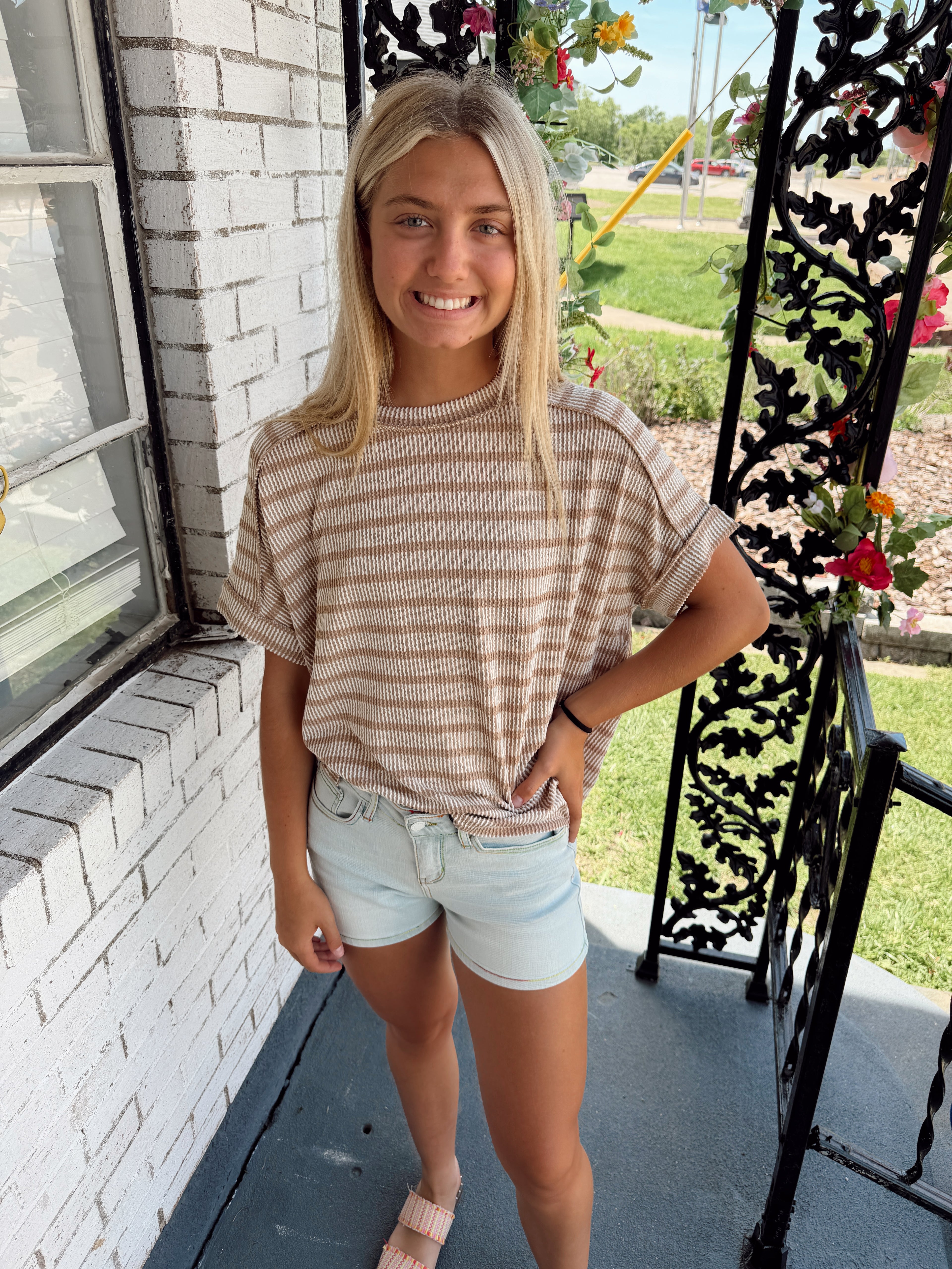 Zenana Mocha Rib Striped Top